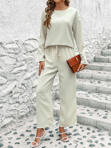 Chic Plaid Embossed Two-Piece Set | Tailored Long Sleeve Top & Trousers
