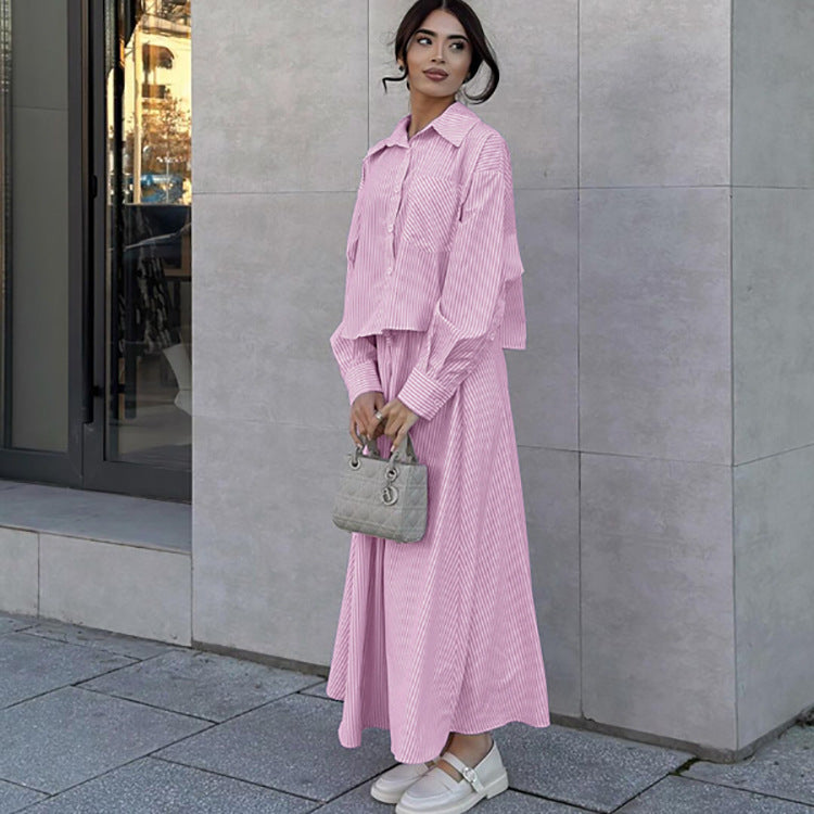 Pink Striped Lapel Shirt & Large Swing Skirt Set