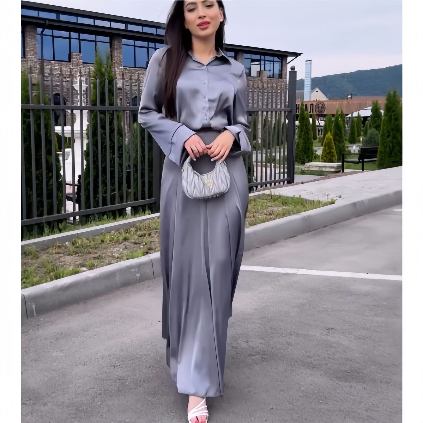 Silver Gray Soft Satin Long Sleeve Shirt & A-Line Skirt Set