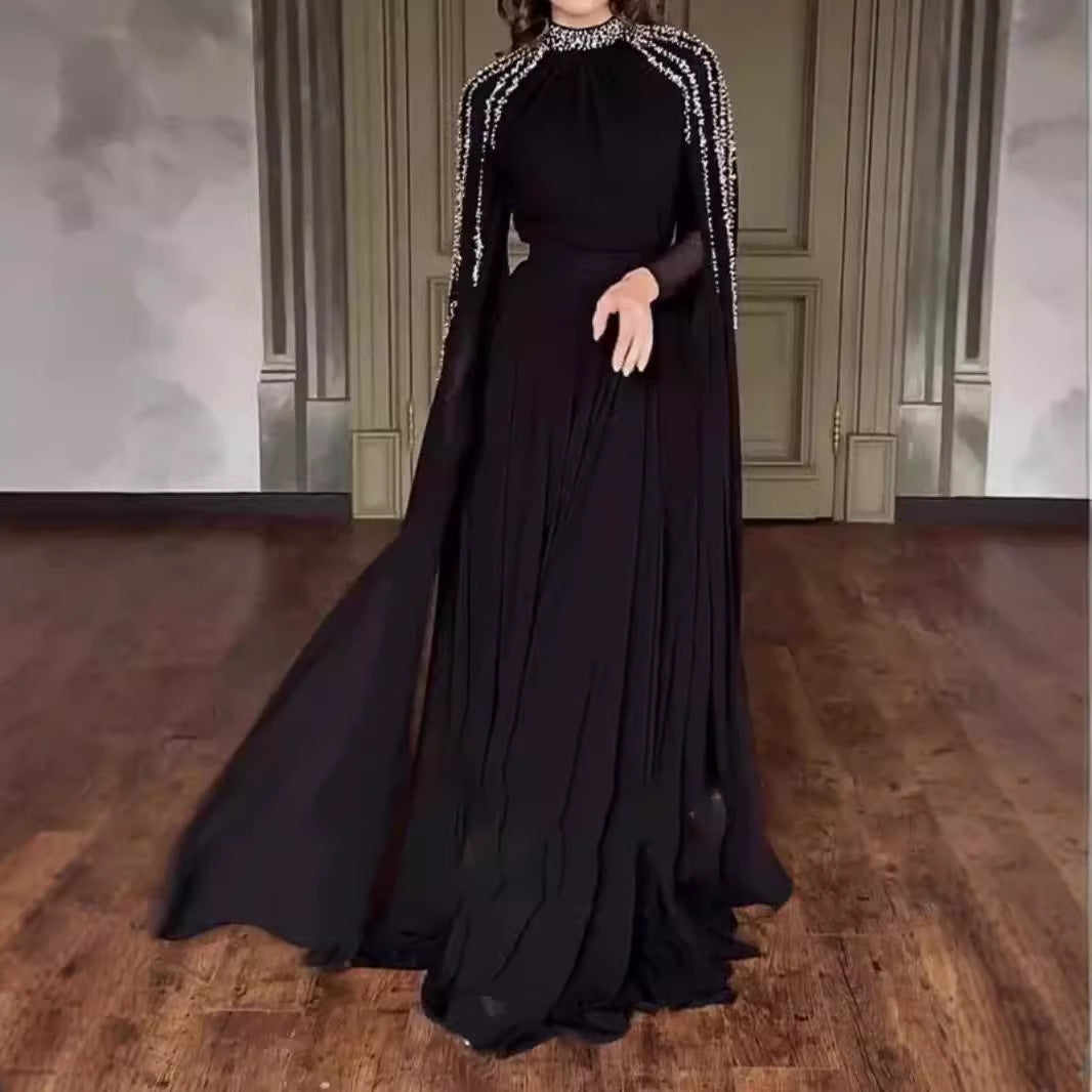 Rhinestone High Collar Long Sleeve Maxi Dress