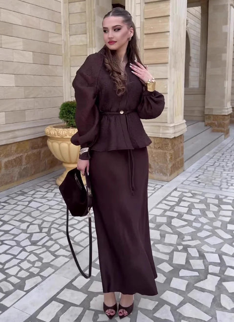 Brown V-Neck Cardigan & High-Waist Skirt Two-Piece Set