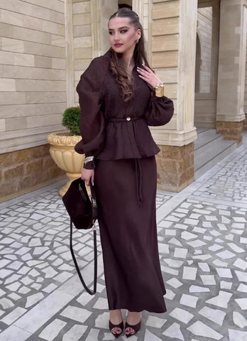 Brown V-Neck Cardigan & High-Waist Skirt Two-Piece Set