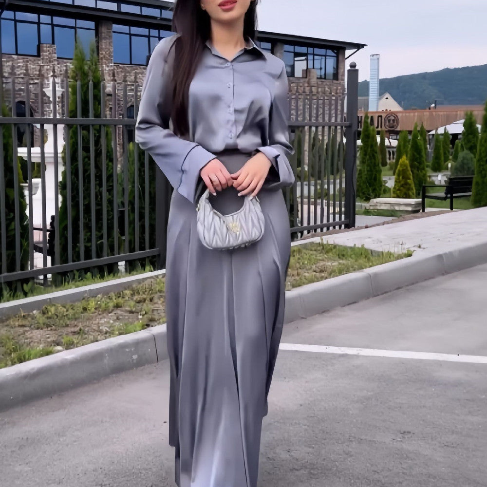 Silver Gray Soft Satin Long Sleeve Shirt & A-Line Skirt Set