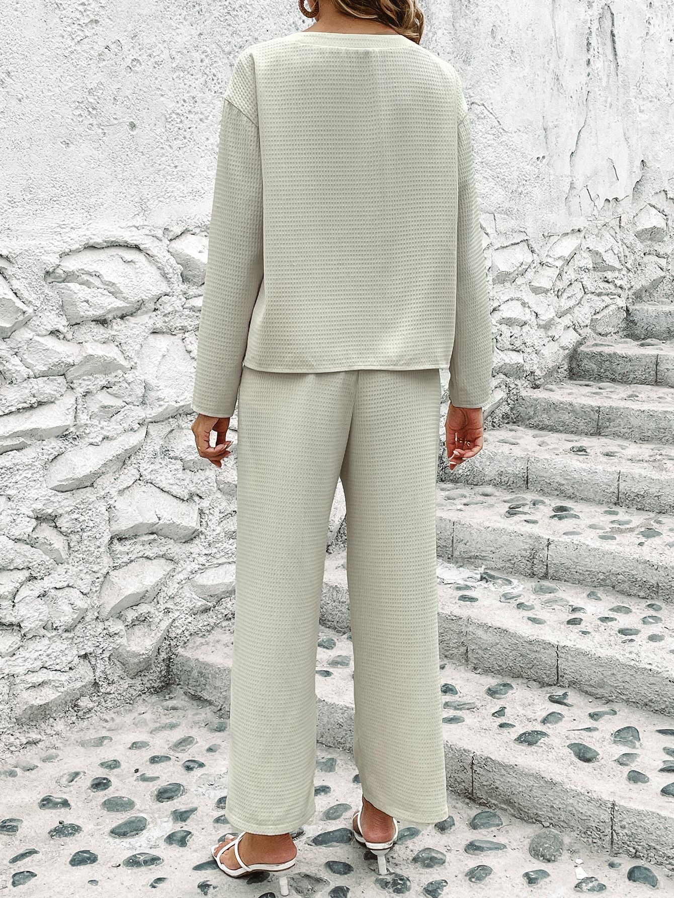 Chic Plaid Embossed Two-Piece Set | Tailored Long Sleeve Top & Trousers