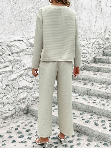Chic Plaid Embossed Two-Piece Set | Tailored Long Sleeve Top & Trousers
