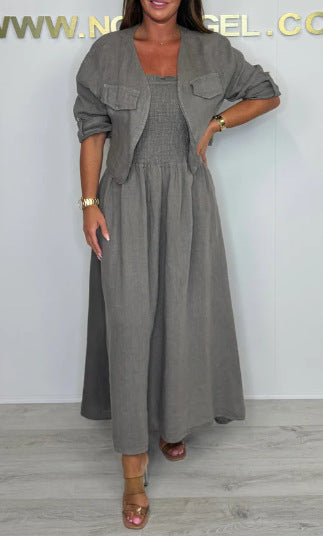 Short Cardigan & Suspender Dress Two-Piece Set