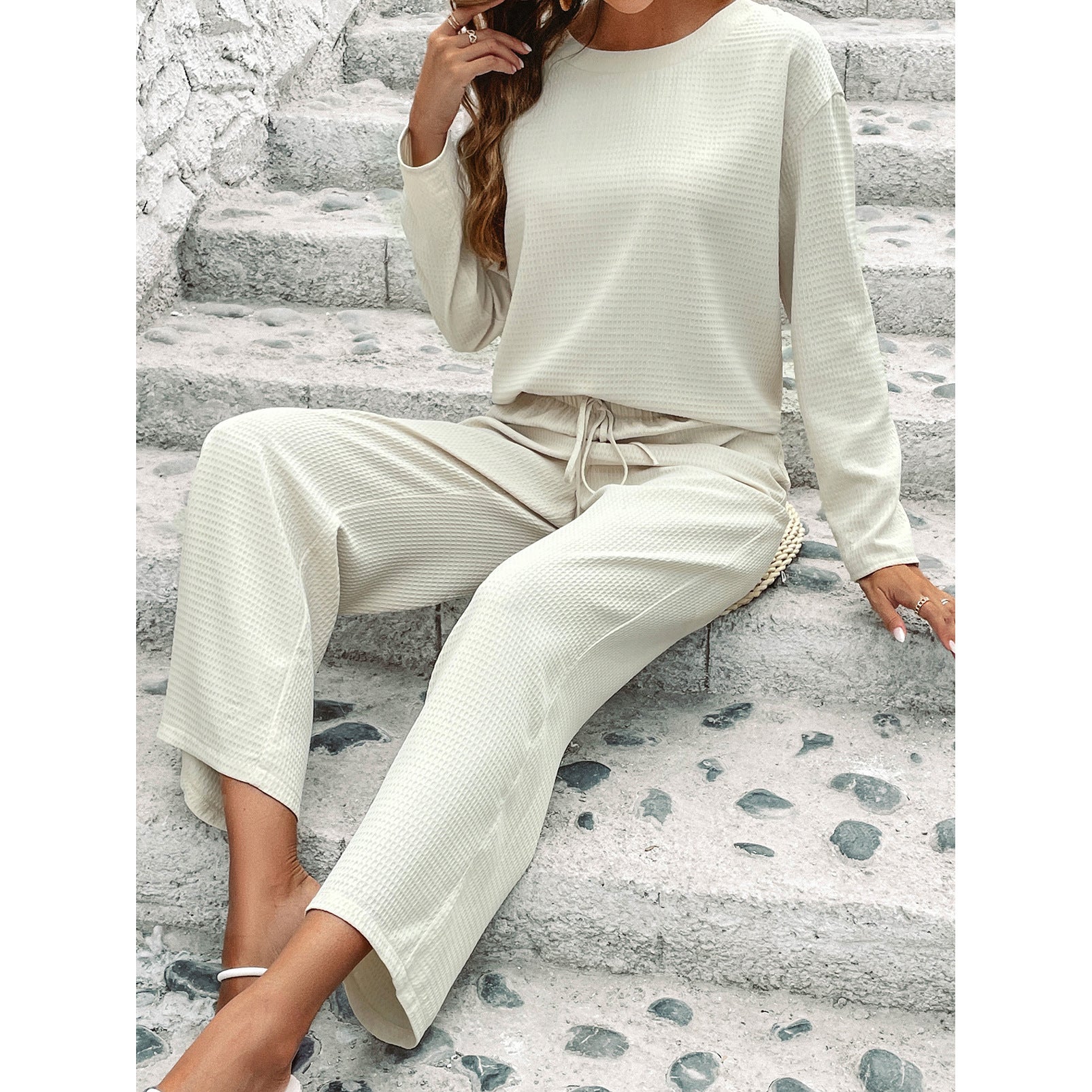 Chic Plaid Embossed Two-Piece Set | Tailored Long Sleeve Top & Trousers