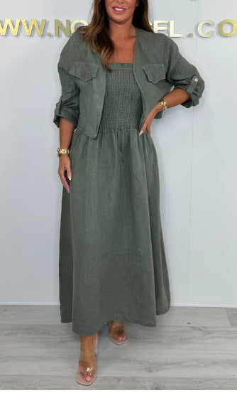 Short Cardigan & Suspender Dress Two-Piece Set