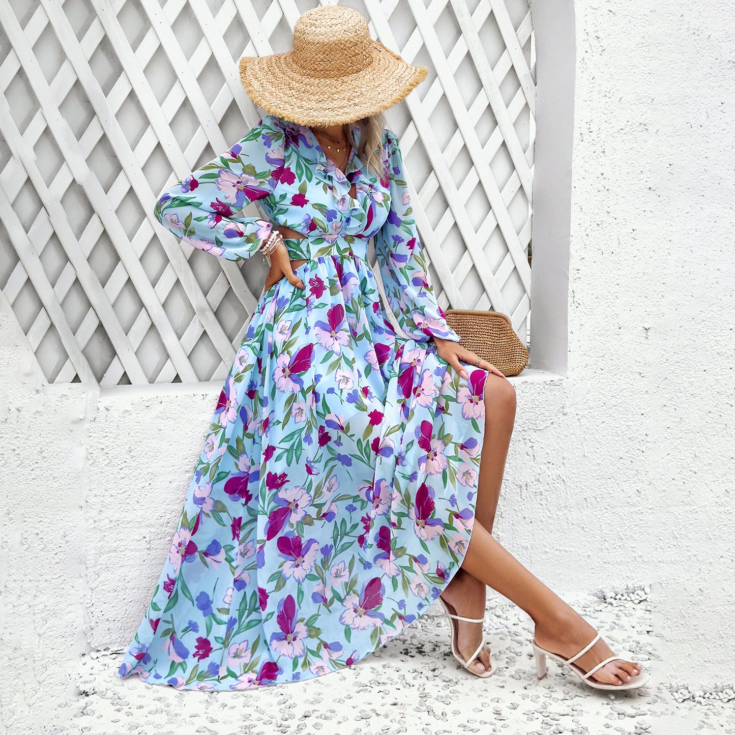Tropical Floral Lantern-Sleeve Mini Dress with Cinched Waist