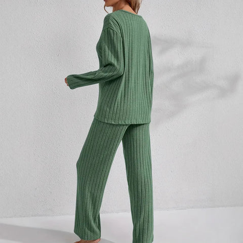 Ribbed Long-Sleeve Top And Pants Casual Comfortable Womens Loungewear Set